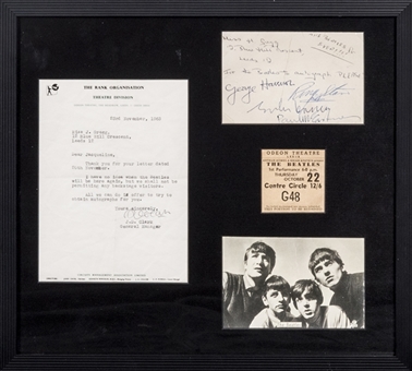 1964 Beatles Signed Photo Card and Letter With Ticket In 14 x 15 Framed Displayed - All Four Signed! (Beckett & University Archives)